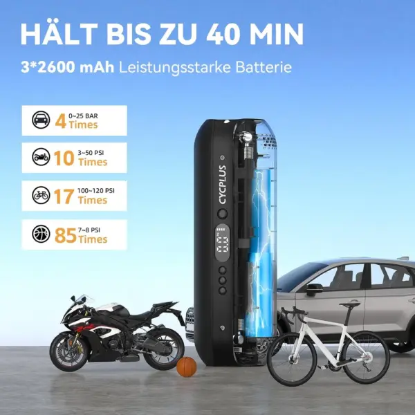 CYCPLUS AL1 - Akku-Kompressor 150 PSI mit 12-V-Anschluss — 3 CYCPLUS AL1 - Akku-Kompressor 150 PSI mit 12-V-Anschluss — 3