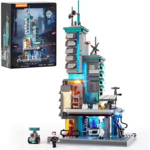LUMIBRICKS Neon Tech Station - Tour de données cyberpunk à construire, 1 282 pièces et 13 LED — 1