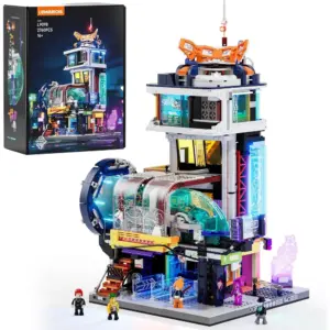 LUMIBRICKS Station de train flottant - Gare cyberpunk à construire avec tunnel miroir, 2 760 pièces et 24 LED — 1