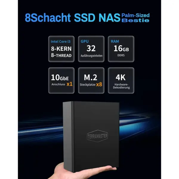 TERRAMASTER F8 SSD Plus - SSD-NAS mit 8 M.2-NVMe-Steckplätzen, Core i3-N305, 16 GB DDR5 und 10 GbE, ohne SSD — 2 TERRAMASTER F8 SSD Plus - SSD-NAS mit 8 M.2-NVMe-Steckplätzen, Core i3-N305, 16 GB DDR5 und 10 GbE, ohne SSD — 2