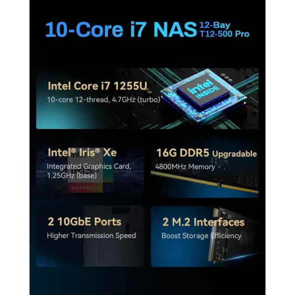 TERRAMASTER T12-500 Pro - NAS mit 12 Einschüben, Core i7-1255U, 16 GB DDR5 und 2 × 10 GbE, ohne Festplatten — 3 TERRAMASTER T12-500 Pro - NAS mit 12 Einschüben, Core i7-1255U, 16 GB DDR5 und 2 × 10 GbE, ohne Festplatten — 3