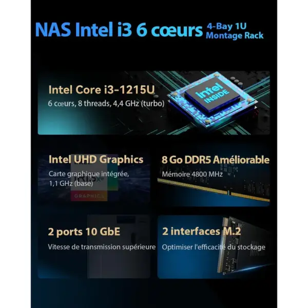 TERRAMASTER U4-500 - NAS rack 1U 4 baies Intel Core i3-1215U, 8 Go DDR5, 2 × 10 GbE, sans disque — 3 TERRAMASTER U4-500 - NAS rack 1U 4 baies Intel Core i3-1215U, 8 Go DDR5, 2 × 10 GbE, sans disque — 3