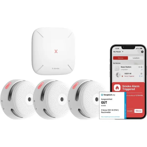 X-Sense FS31 - Kit of 3 interlinked smoke alarms with SBS50 base station — 1 X-Sense FS31 - Kit of 3 interlinked smoke alarms with SBS50 base station — 1